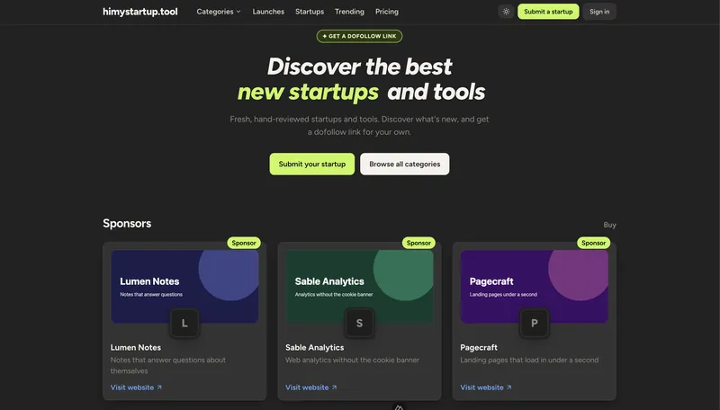 Homepage: discover new startups, with sponsored slots up top.