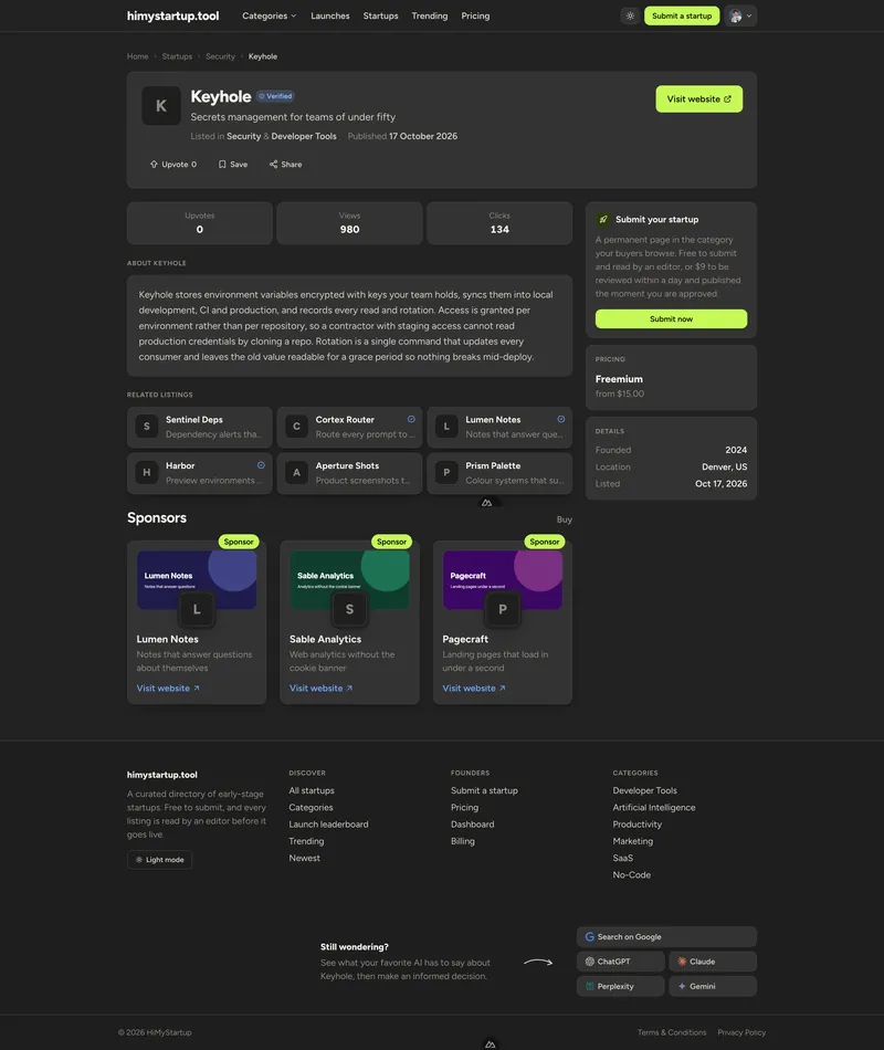 Startup detail page with stats, related tools and sponsors.