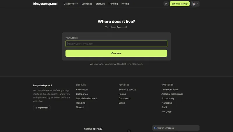 Submit flow, step 1: the product URL.