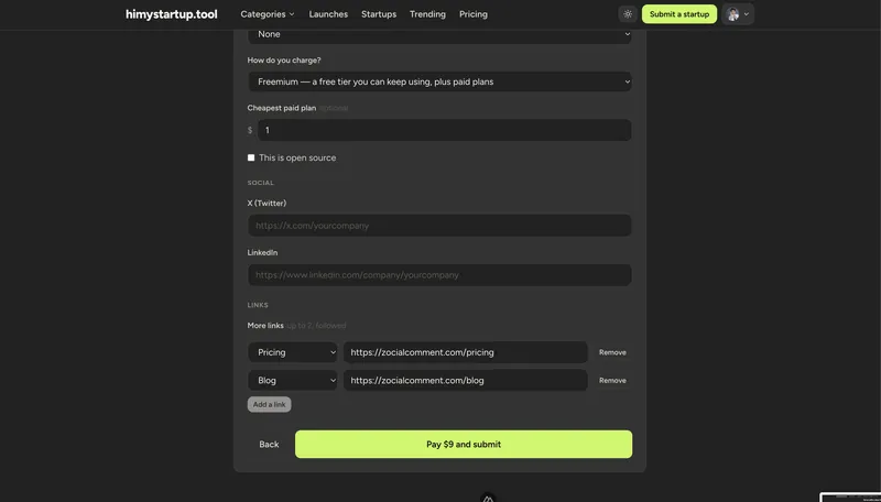 Step 3: pricing, socials and links, then pay and submit.