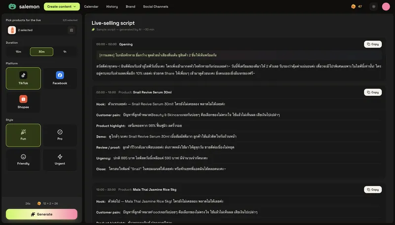 Live-selling script: hook, pain point, demo and close for every product, timed to the minute.