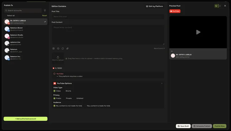 One composer publishes to every connected account, with per-platform options and preview.