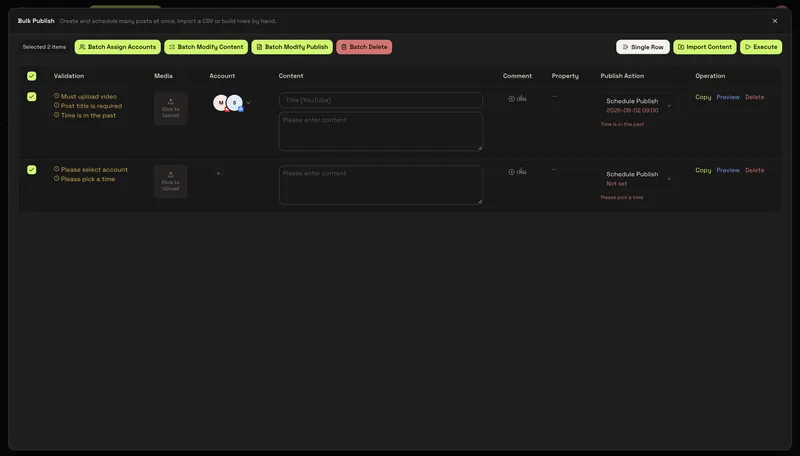 Bulk publish: validate, schedule and push dozens of posts in a single run.