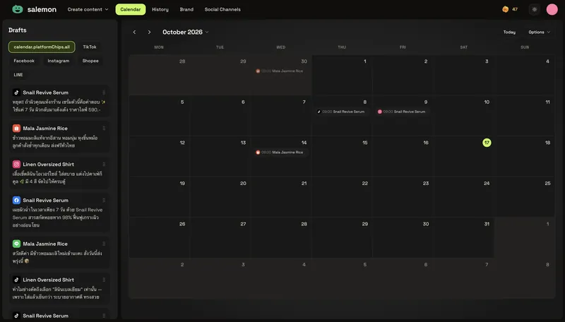 Content calendar keeps drafts and scheduled posts in one monthly view.