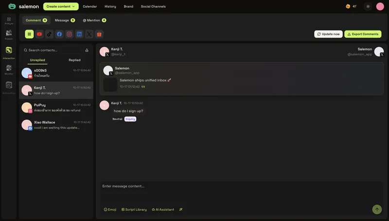Unified inbox: comments and DMs from every platform, answered from one screen.