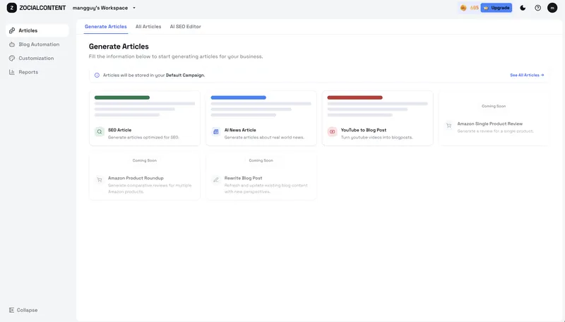 Choose what to generate: SEO article, AI news, YouTube-to-blog and more.