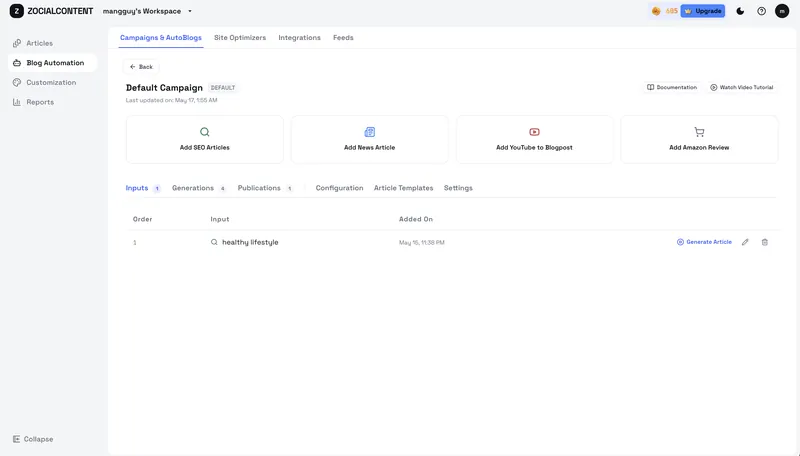 Campaigns and AutoBlog: queue keywords and let articles generate on schedule.