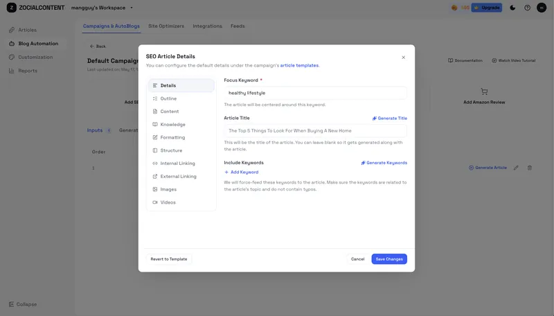 Fine-grained article settings: keyword, outline, tone, links, images.