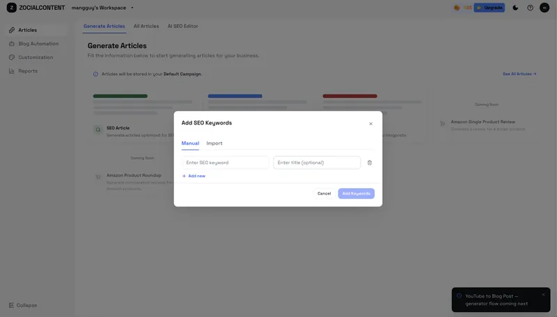 Add SEO keywords manually or import them in bulk.