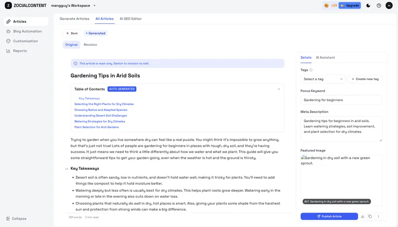 Article editor with auto table of contents, meta description and featured image.